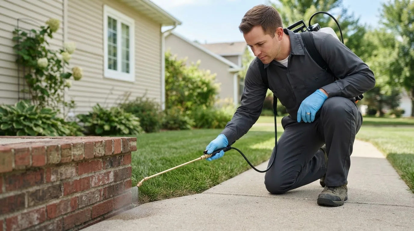 Pest control technician treating a home near Chatham, VA